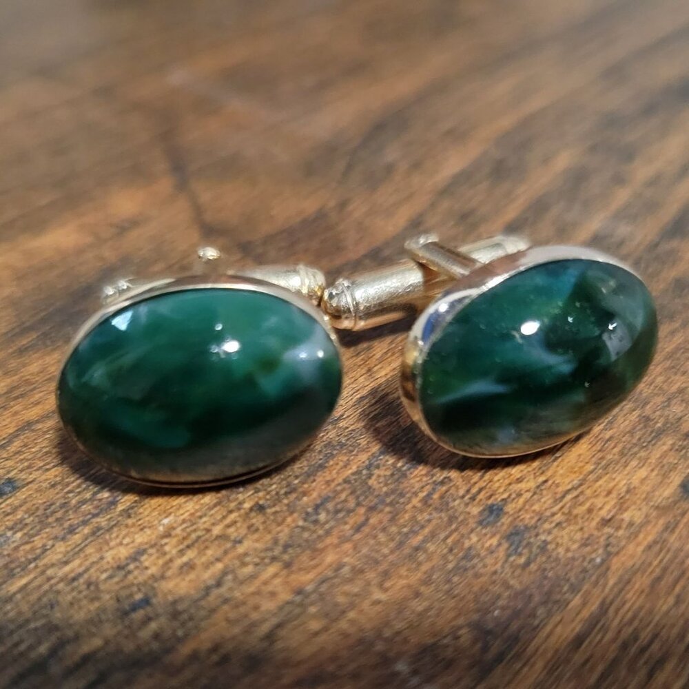 Green Jasper Stone Cuff Links Gold Tone Setting Bullet Back